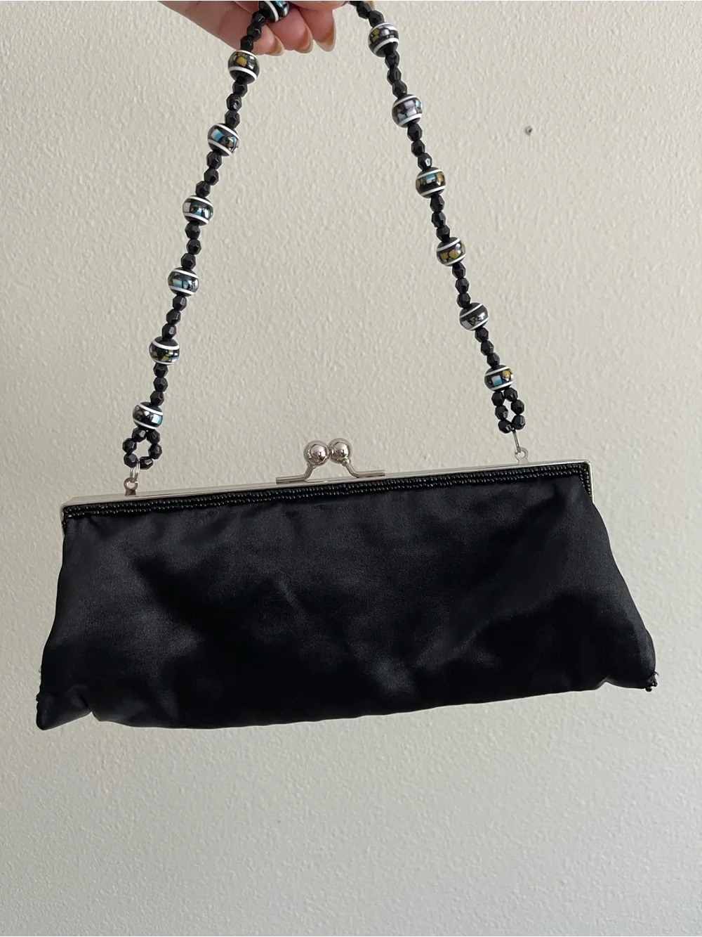 Chateau Black Satin Floral Embroidered Beaded-Handle Clutch